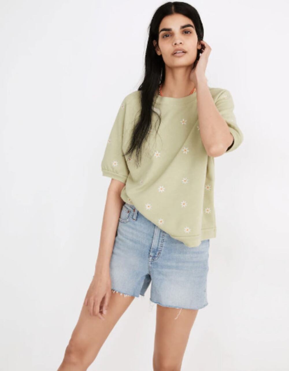 Madewell Daisy Embroidered Short-Sleeve Sweatshirt size M